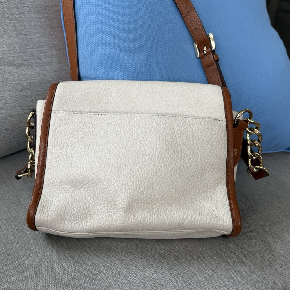Michael Kors Margo Tan with White Pebbled Leather & Chain Crossbody Bag Purse - Picture 3 of 16